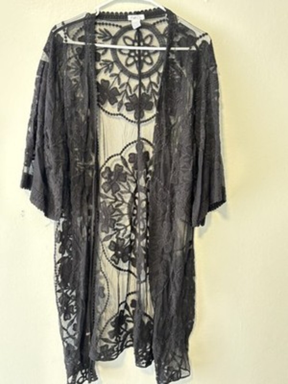 rue21 Black Lace Floral Tie Robe Women's Size S Embroidered Sheer